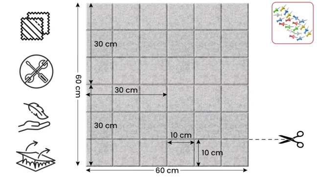 Filcové panely na stenu 60×60 cm sivé