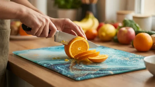 Sklenená doska na krájanie MODRÁ / ZLATO 30 × 40 cm – kuchynská doska, ochranná doska, sklenený podnos