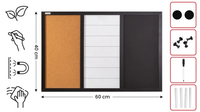 Magnetická nástěnka 3v1 ALLboards COMBI: bílá suchostíratelně-magnetická, bílá magneticko-křídová a korková 60x40 cm