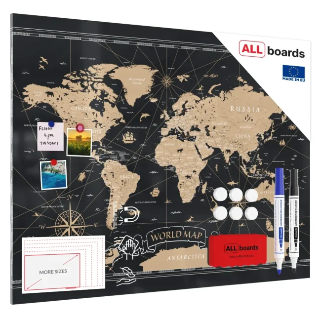 Allboards magnetická bezrámová kovová tabuľa s potlačou 120x90cm – mapa sveta