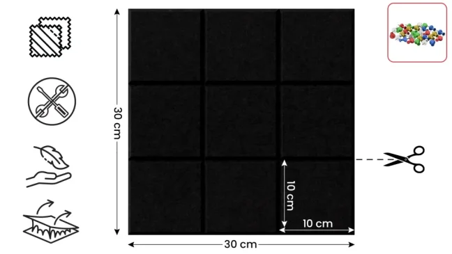 Filcové nástěnné panely 30×30 cm černé – 6 ks