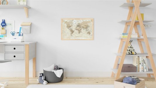 Magnetický obraz - mapa sveta béžovej pastelovej farby 60x40cm v prírodnom drevenom ráme
