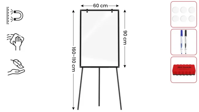 Suchostěrný magnetický flipchart 90×60 cm – černý