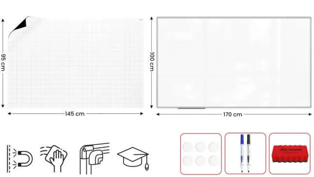Suchostíratelná tabule 170×100 cm s hliníkovým rámem, magnetickou fólií (mřížka)