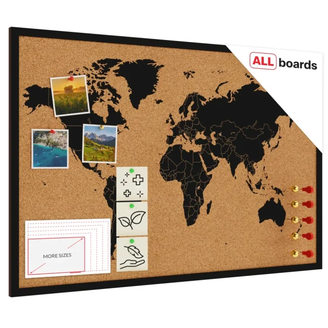 Korková tabuľa MAPA SVETA drevený lakovaný rám BLACK 90x60 cm