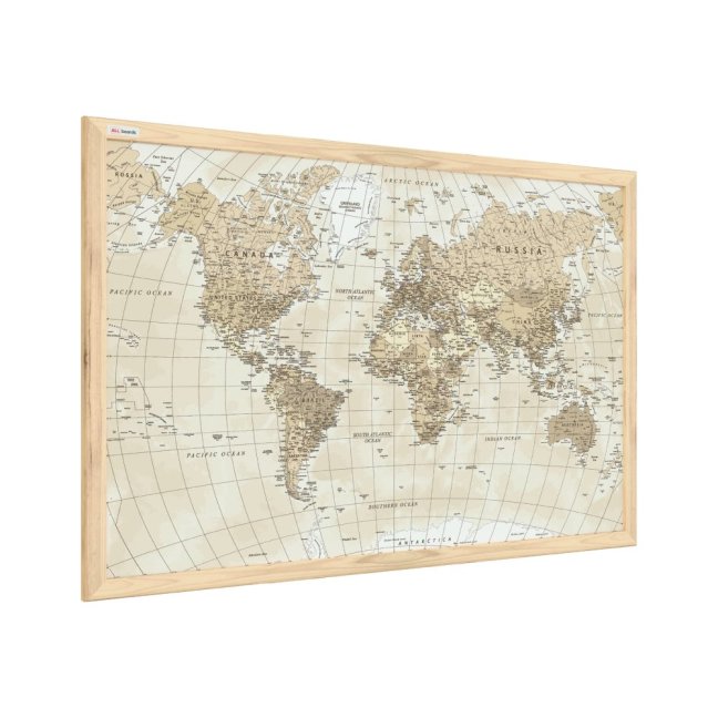 Magnetický obraz-mapa světa béžové pastel.barvy 60x40cm v přírodním rámu