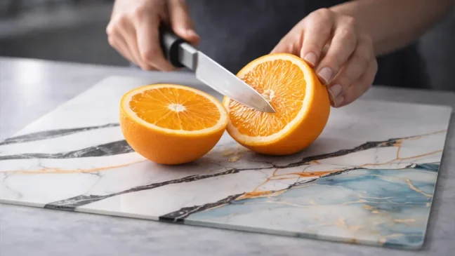 Skleněná krájecí deska MRAMOR / MODRÁ / ZLATO 60 × 52 cm