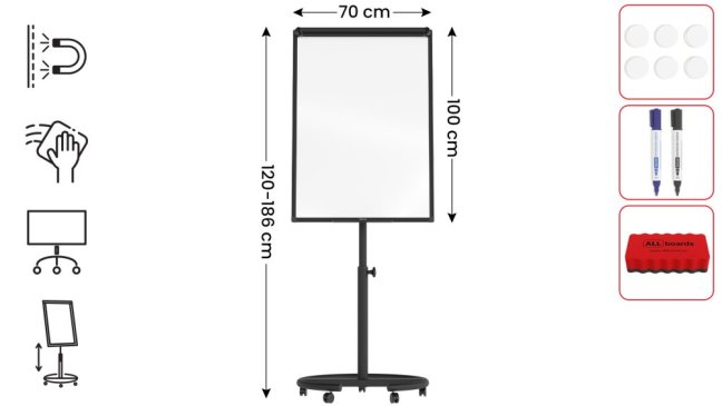 Mobilní magnetický flipchart se stíratelným povrchem 100 × 70 cm černý