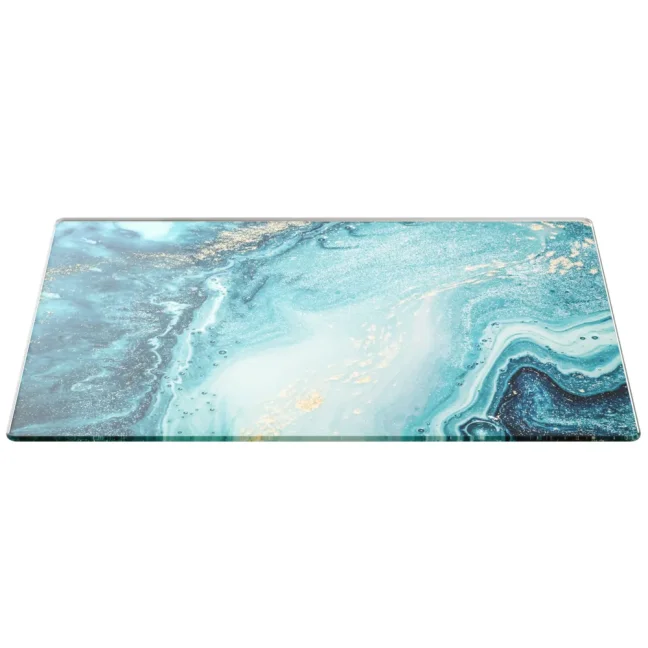 Skleněná krájecí deska MODRÁ / ZLATO 30 × 40 cm – kuchyňská deska, ochranná deska, skleněný tác