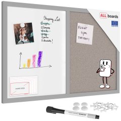 Tabuľa COMBI - sivý korok a magnetická biela 60x40 s sivym lakovaným dreveným rámom