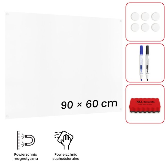 Magnetická tabuľa SLIMboard bezrámová zmazateľná za sucha 90x60 cm + PRÍSLUŠENSTVO ZADARMO