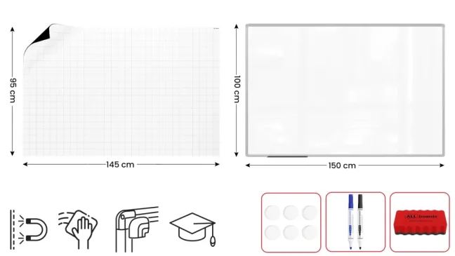 Suchostierateľná tabuľa 150×100 cm s hliníkovým rámom, magnetickou fóliou (mriežka)