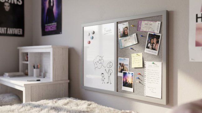 Tabuľa COMBI - sivý korok a magnetická biela 60x40 s sivym lakovaným dreveným rámom