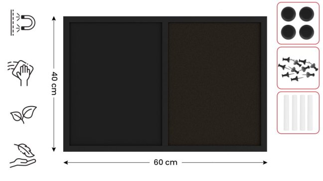 Tabuľa COMBI - čierný korok a magnetická čierna tabuľa 60x40cm s čiernym lakovaným dreveným rámom