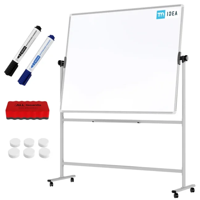 Mobilní tabule TM Idea, oboustranná, otočná, za sucha stíratelná, magnetická, 150x120 cm – řada FLEX-