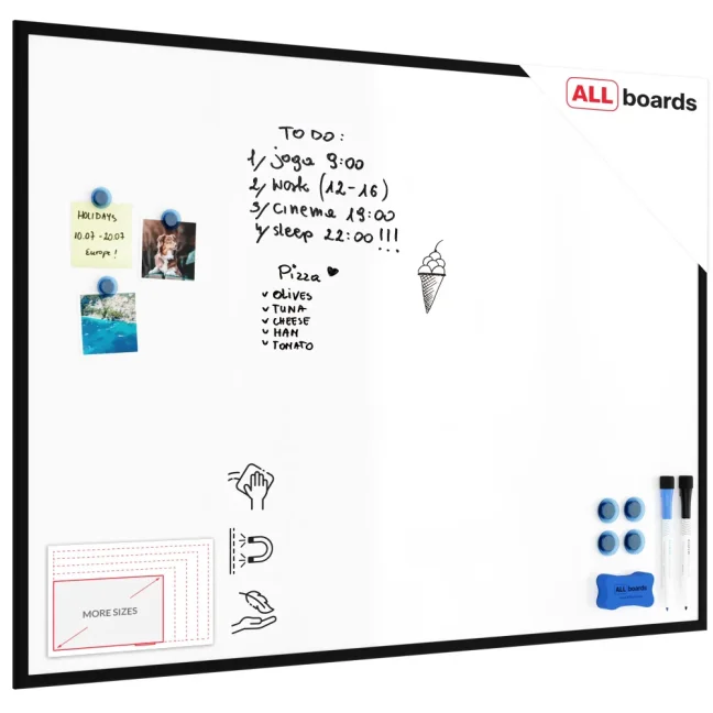 Magnetická suchostierateľná tabuľa biela 120 × 90 cm – čierny drevený rám