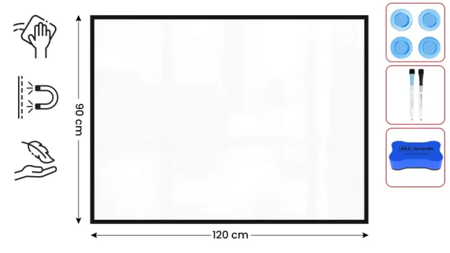 Magnetická suchostierateľná tabuľa biela 120 × 90 cm – čierny drevený rám