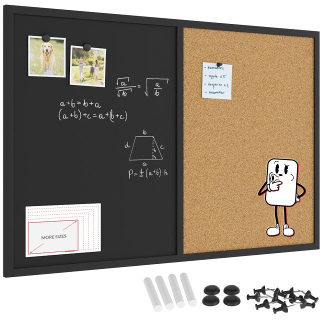 Tabuľa COMBI - korok a magnetická čierna tabuľa90x60cm s čiernym lakovaným dreveným rámom