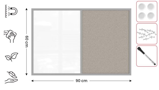 Tabuľa COMBI - sivý korok a magnetická biela 90x60 cm s sivym lakovaným dreveným rámom