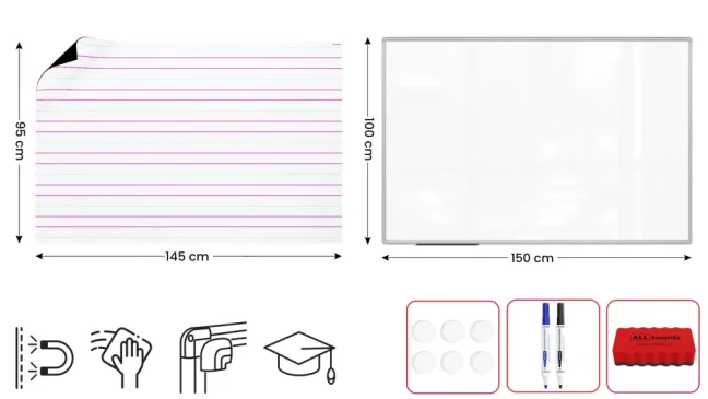 Bílá suchostíratelná tabule 150×100 cm s hliníkovým rámem, magnetickou fólií (trojlinka)
