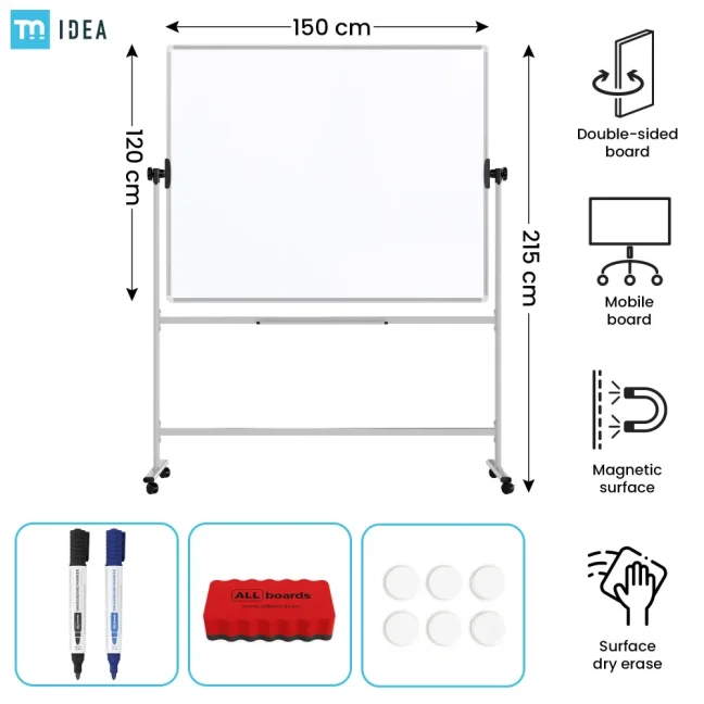 Mobilní tabule TM Idea, oboustranná, otočná, za sucha stíratelná, magnetická, 150x120 cm – řada FLEX-