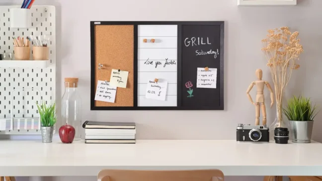 Magnetická nástěnka 3v1 ALLboards COMBI: bílá suchostíratelně-magnetická, bílá magneticko-křídová a korková 60x40 cm