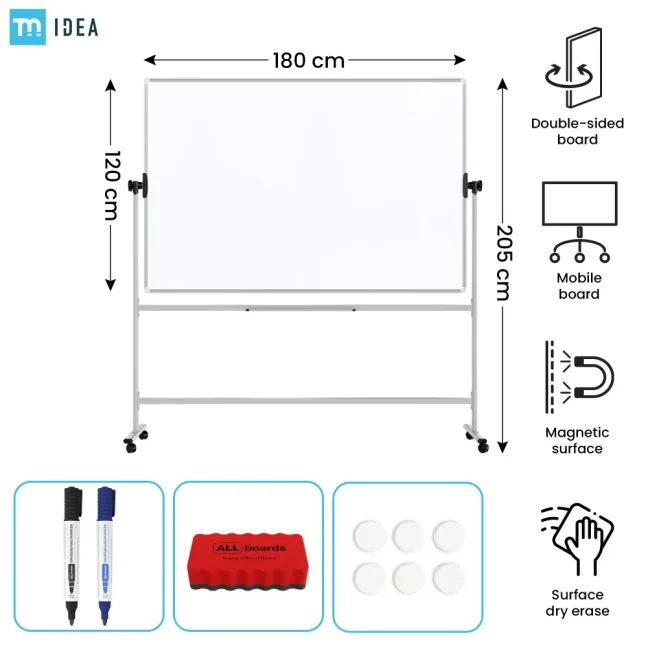 Mobilní tabule TM Idea, oboustranná, otočná, za sucha stíratelná, magnetická, 180x120 cm – řada FLEX
