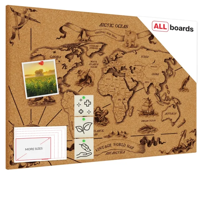 Korková tabuľa MAPA SVETA 2, bezrámová 60x40 ALLboards