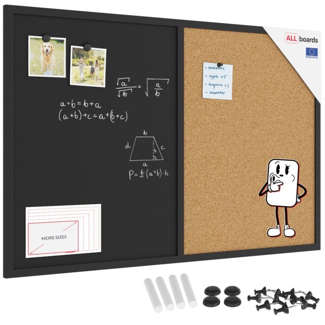 Tabuľa COMBI - korok a magnetická čierna tabuľa90x60cm s čiernym lakovaným dreveným rámom
