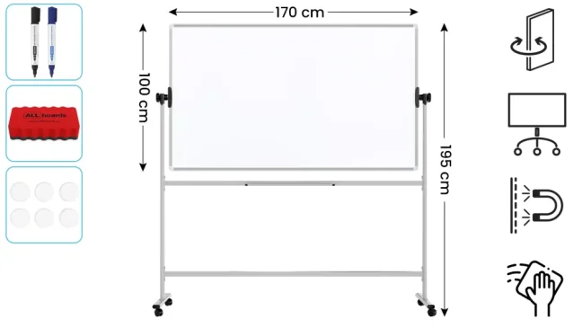Mobilní tabule TM Idea, oboustranná, otočná, za sucha stíratelná, magnetická, 170x100 cm – řada FLEX,