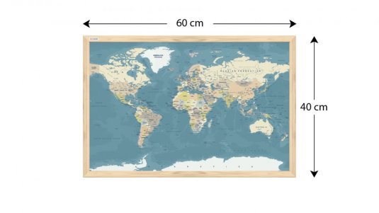 Magnetický obraz- mapa světa 60x40cm v přírodním dřevěném rámu