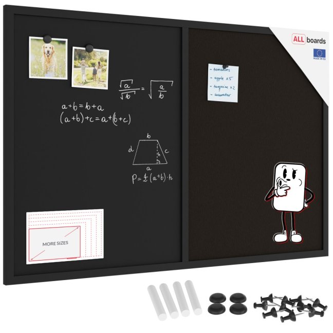 Tabuľa COMBI - čierný korok a magnetická čierna tabuľa 90x60cm s čiernym lakovaným dreveným rámom
