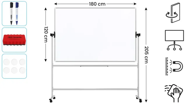 Mobilní tabule TM Idea, oboustranná, otočná, za sucha stíratelná, magnetická, 180x120 cm – řada FLEX