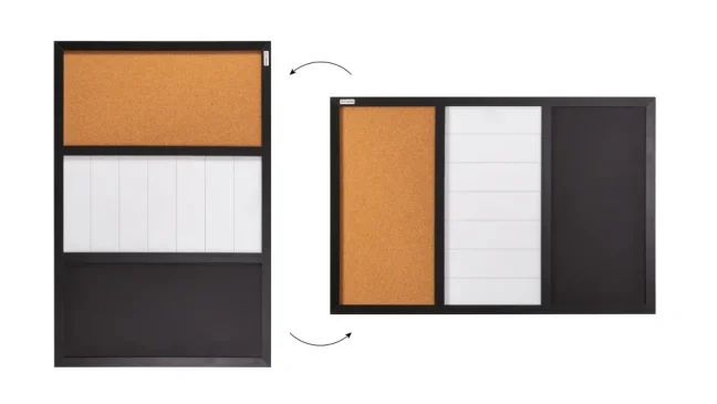 Magnetická nástěnka 3v1 ALLboards COMBI: bílá suchostíratelně-magnetická, bílá magneticko-křídová a korková 60x40 cm