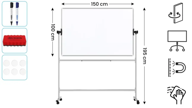 Mobilní tabule TM Idea, oboustranná, otočná, za sucha stíratelná, magnetická, 150x100 cm – řada FLEX