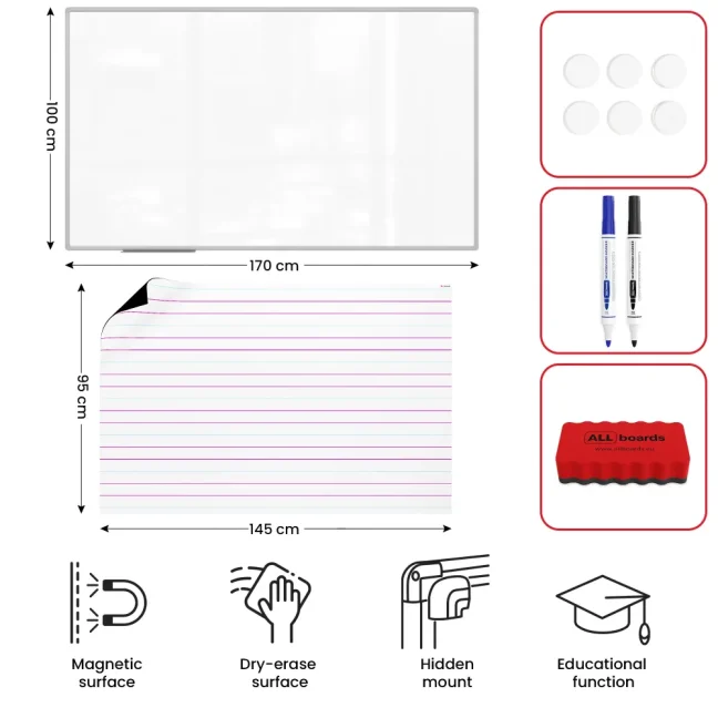 Bílá suchostíratelná tabule 170×100 cm s hliníkovým rámem, magnetickou fólií (trojlinka)