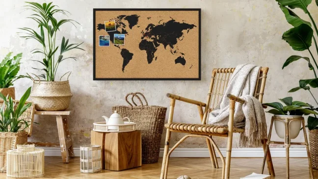 Korková tabuľa MAPA SVETA drevený lakovaný rám BLACK 90x60 cm