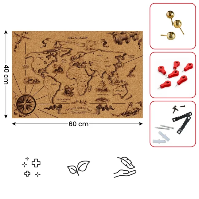 Korková tabuľa MAPA SVETA 2, bezrámová 60x40 ALLboards