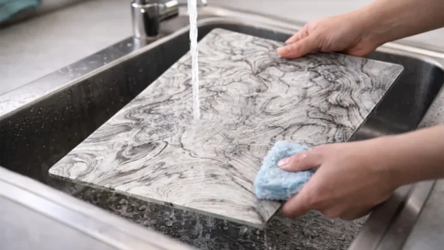 Skleněná krájecí deska ZKAMENĚLÉ DŘEVO 30 × 40 cm – kuchyňská deska, ochranná deska, skleněný tác