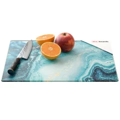 Skleněná krájecí deska MODRÁ / ZLATO 30 × 40 cm – kuchyňská deska, ochranná deska, skleněný tác