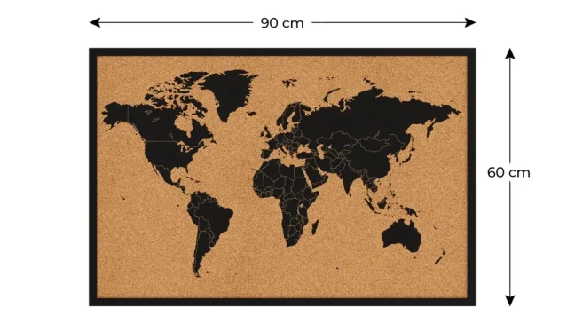 Korková tabuľa MAPA SVETA drevený lakovaný rám BLACK 90x60 cm