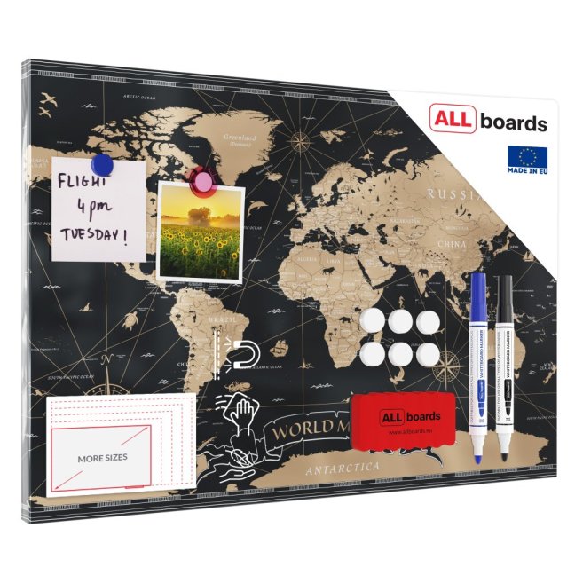 Allboards magnetická bezrámová kovová tabuľa s potlačou 60x40cm – mapa sveta