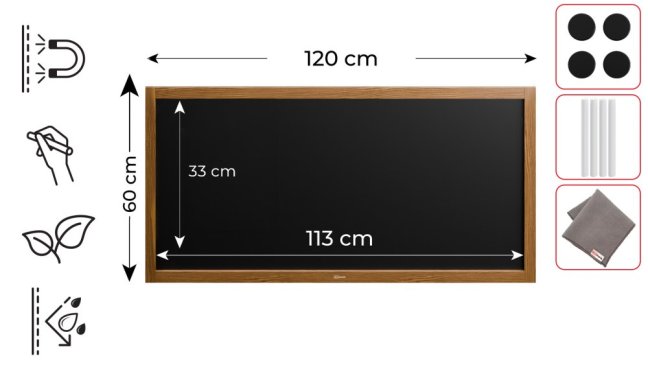 Voděodolná magnetická křídová tabule 120 × 60 cm v dřevěném rámu KLASICKÁ HNĚDÁ