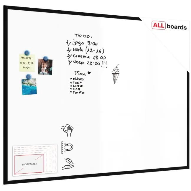 Magnetická suchostierateľná tabuľa biela 120 × 90 cm – čierny drevený rám