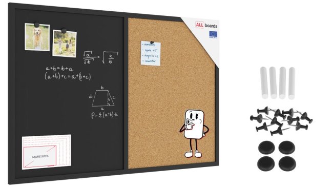 Tabuľa COMBI - korok a magnetická čierna tabuľa90x60cm s čiernym lakovaným dreveným rámom