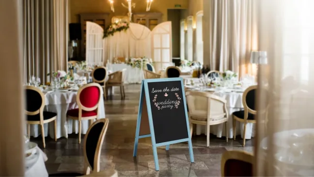 Reklamní áčko modré barvy s křídovou tabulí 118x61 cm