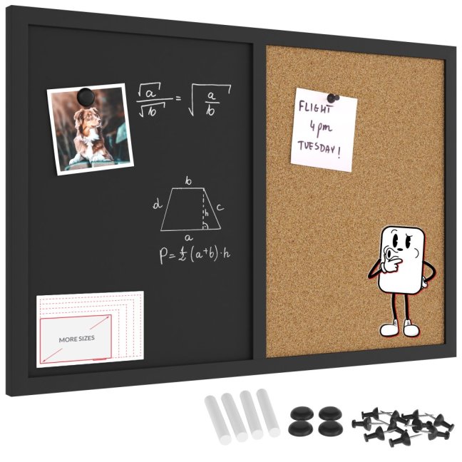 Tabuľa COMBI - korok a magnetická čierna tabuľa 60x40cm s čiernym lakovaným dreveným rámom
