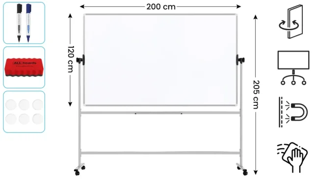 Mobilní tabule TM Idea, oboustranná, otočná, za sucha stíratelná, magnetická, 200x120 cm – řada FLEX
