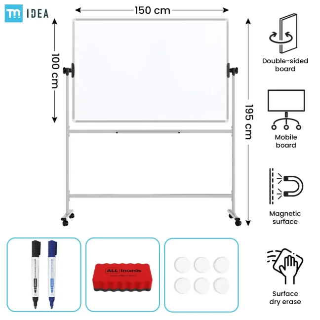 Mobilní tabule TM Idea, oboustranná, otočná, za sucha stíratelná, magnetická, 150x100 cm – řada FLEX