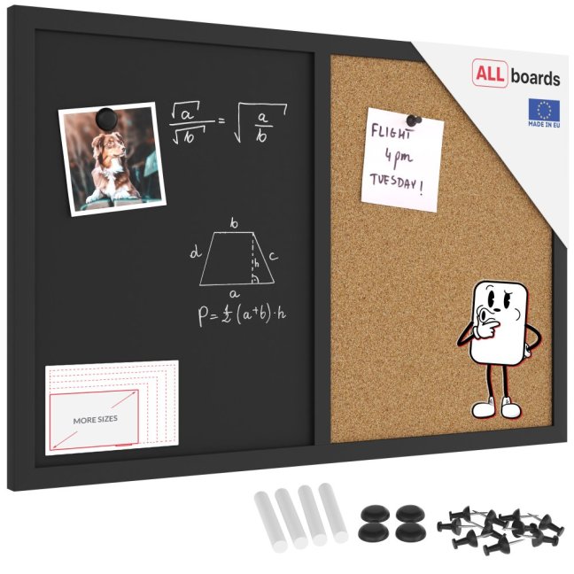 Tabuľa COMBI - korok a magnetická čierna tabuľa 60x40cm s čiernym lakovaným dreveným rámom